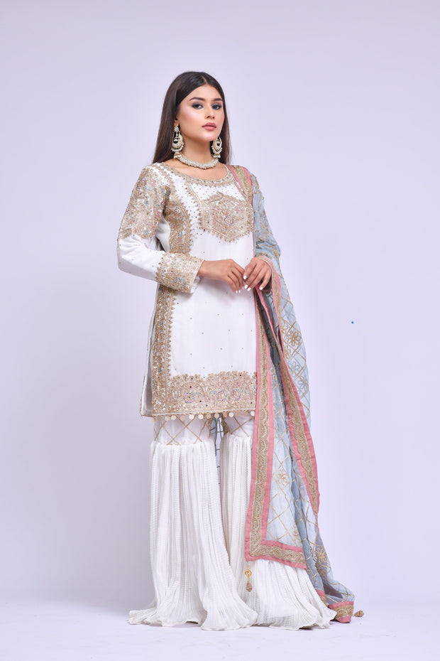 White Gharara Kameez Pakistani Eid Dress in Chiffon Fabric