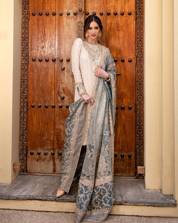 White Kameez Salwar Blue Dupatta Pakistani Wedding Dress