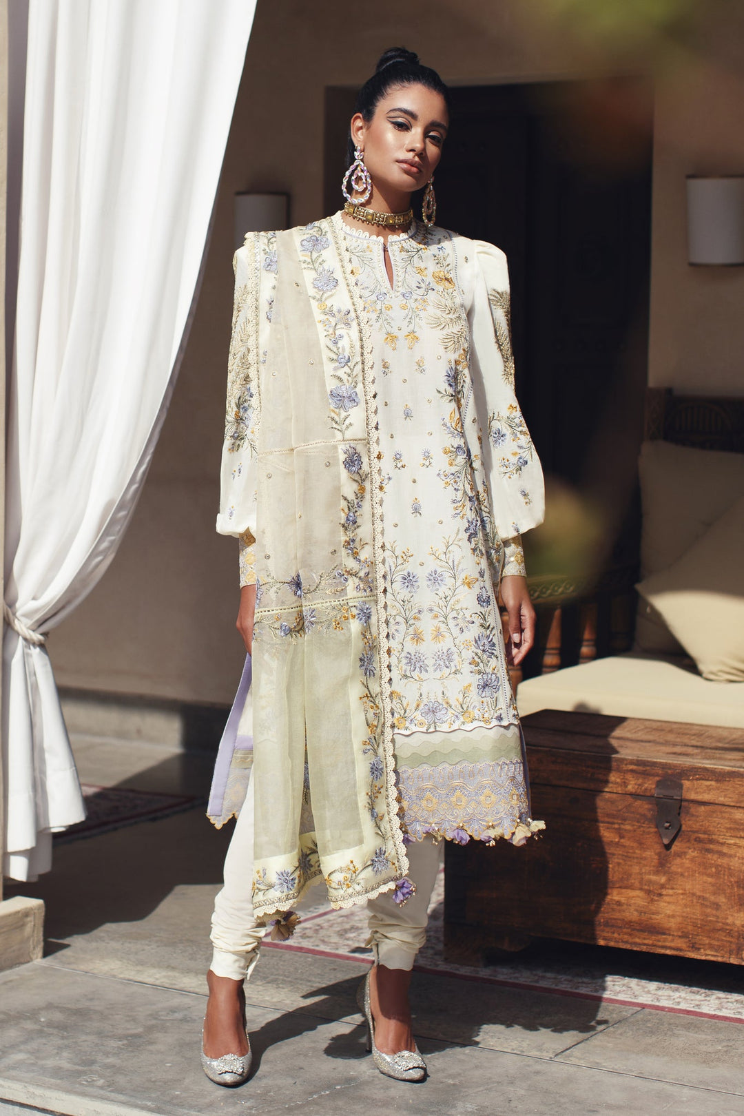 White Lawn Frock with Churidar Pakistani Eid Dress