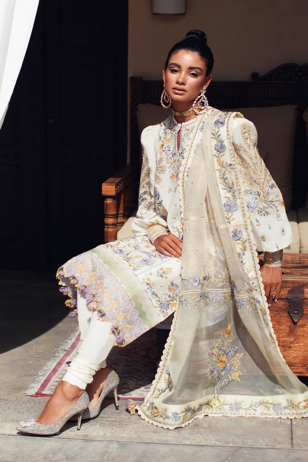 White Lawn Frock with Churidar Pakistani Eid Dress 2022