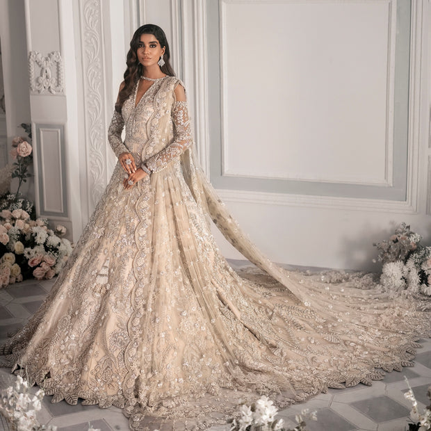 White Lehenga Maxi Dress for Pakistani Bridal Wear