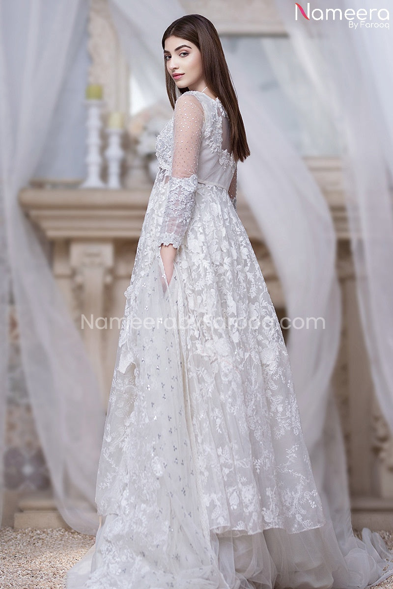 White Lehenga for Walima with Long Maxi Online Backside Look