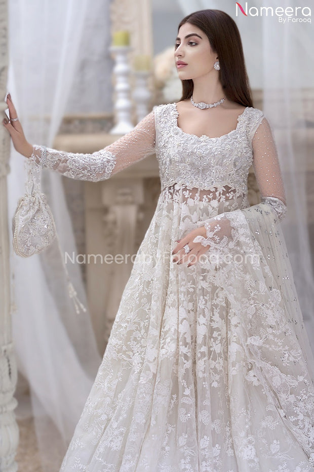 White Lehenga for Walima with Long Maxi Online Close Look
