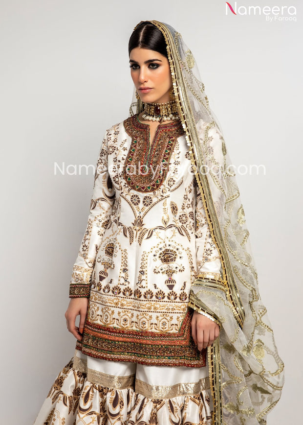 Embroidered White Sharara with Long Kameez