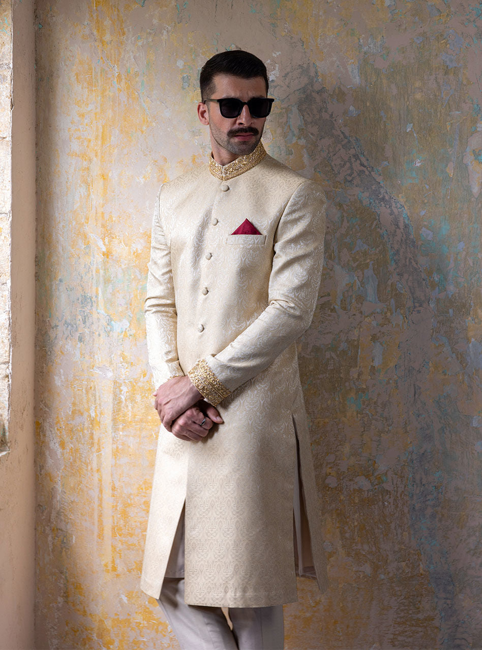 White Sherwani Shawl Dress 