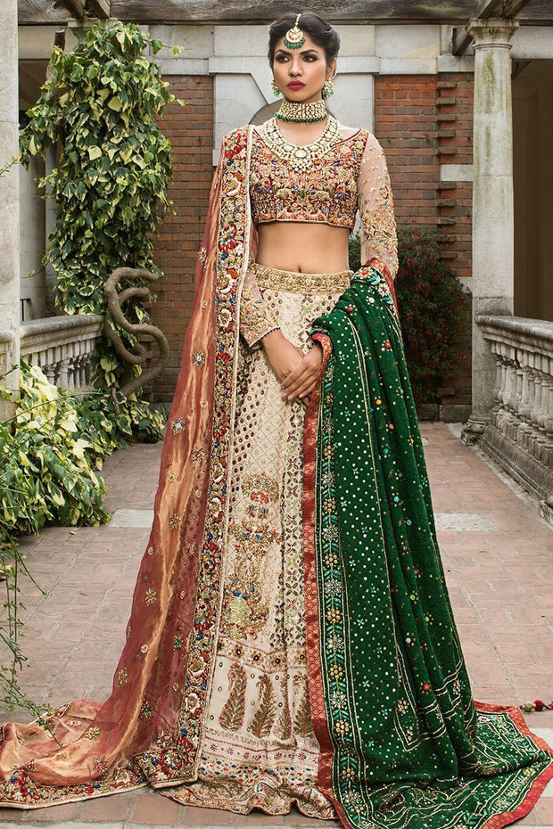 Pakistani white bridal dress with copper color dupatta