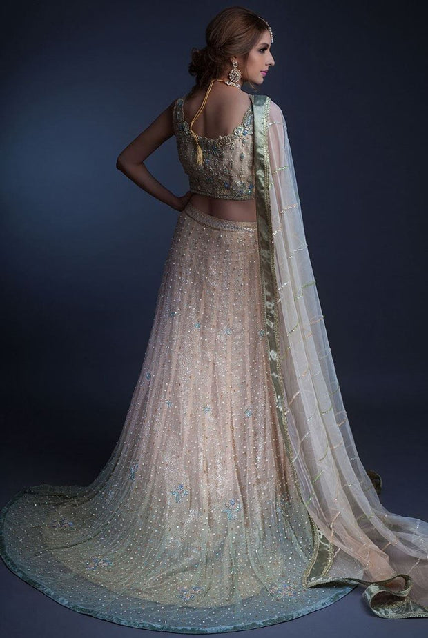 Elegant white peach lehnga with mukaish and gotta work # B3330