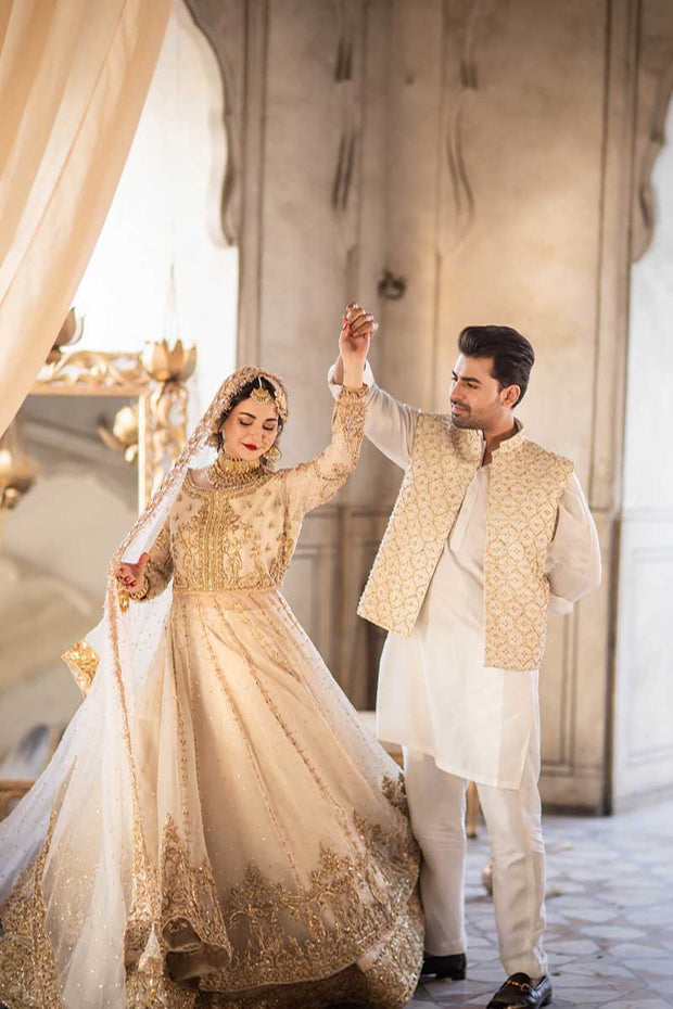 White and Golden Lehenga Frock Pakistani Wedding Dresses 2023
