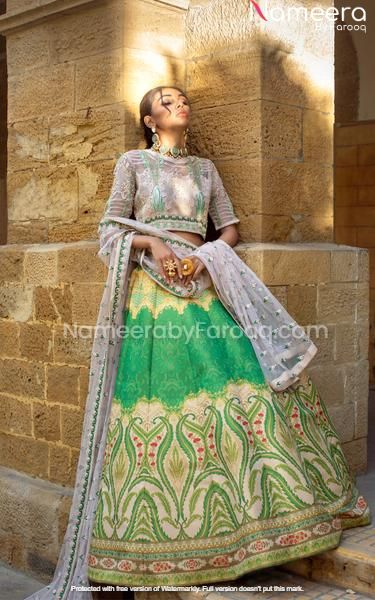  White and Green Lehenga Choli for Wedding Party 