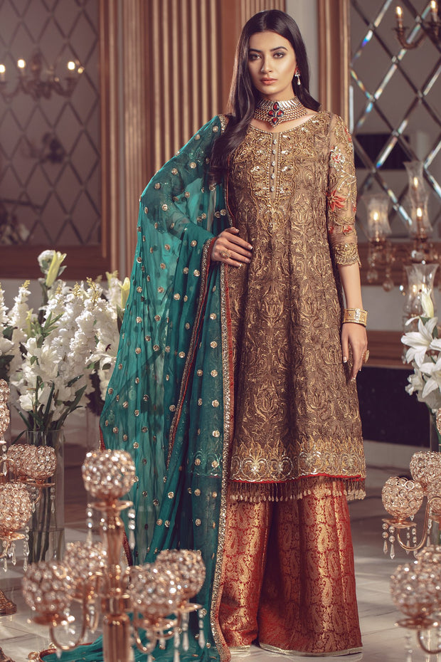 Pakistani Chiffon embroidered women formal eid outfit in copper color