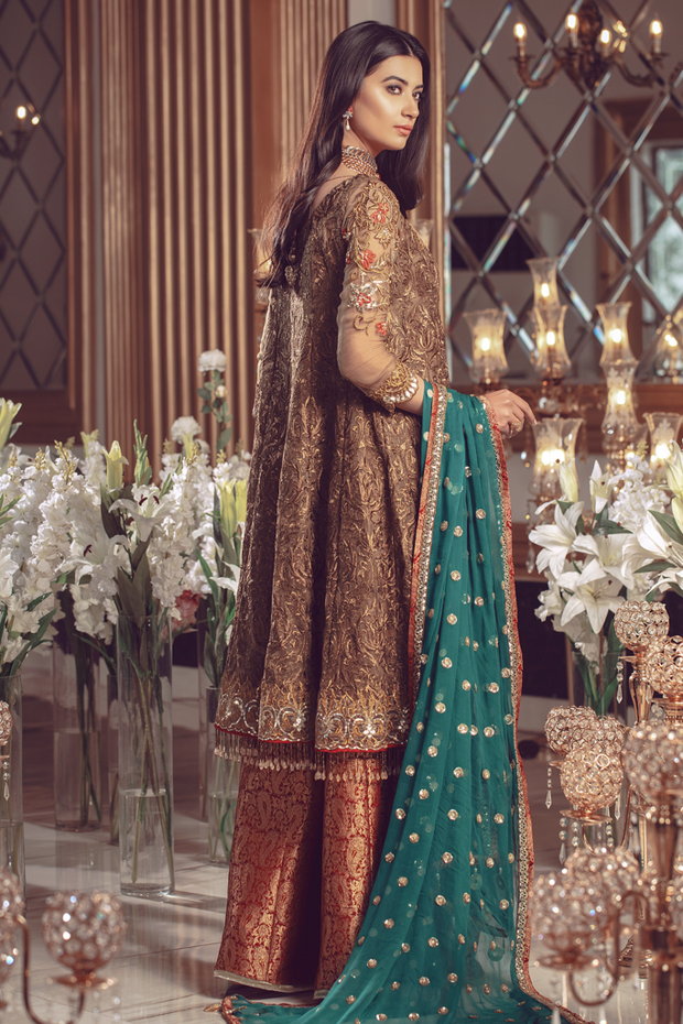 Pakistani Chiffon embroidered women formal eid outfit in copper color # P2496