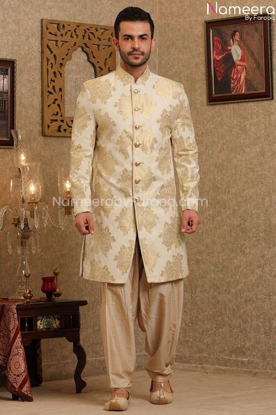Woven Silk Pakistani Sherwani for Wedding Front Look
