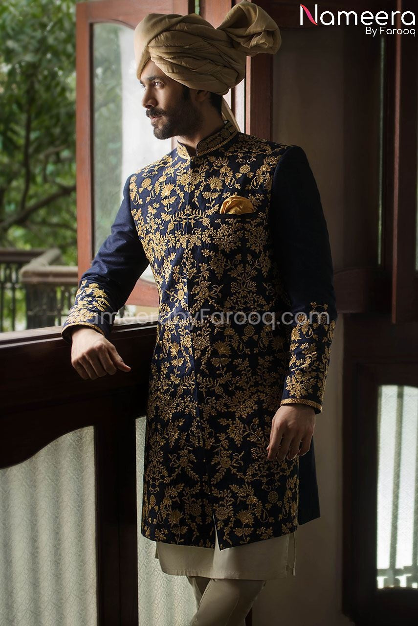 Yale Blue Groom Sherwani with Embroidery Online