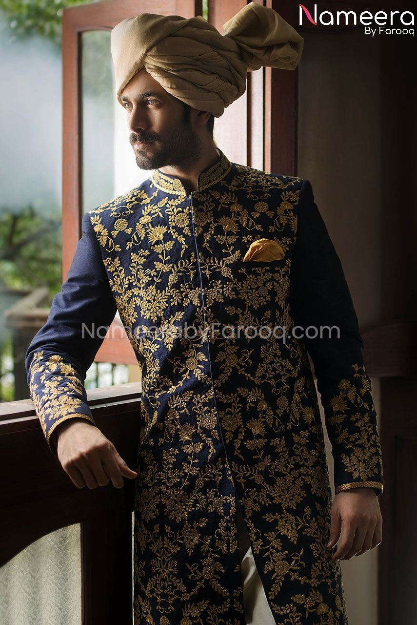 Yale Blue Groom Sherwani with Embroidery Online Close up Look