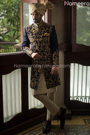 Yale Blue Groom Sherwani with Embroidery Online Overall Look
