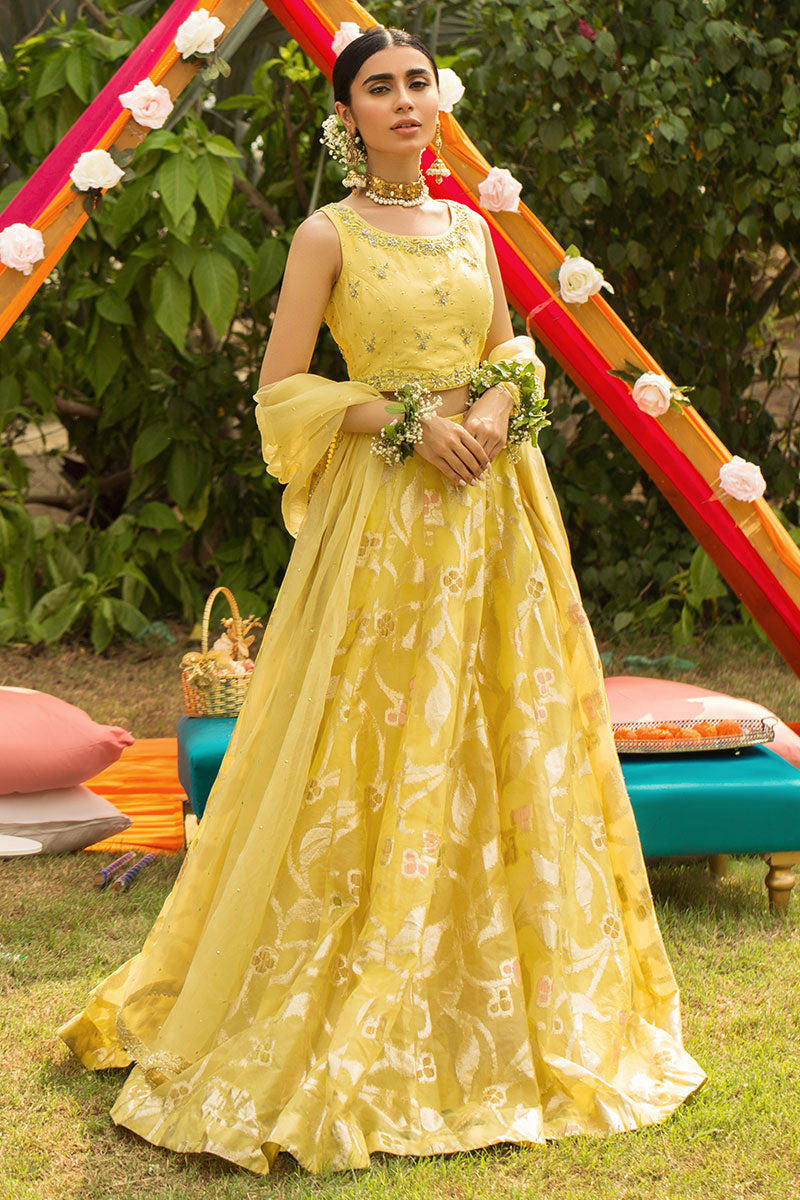 Yellow Lehnga for Mehndi with Organza Dupatta