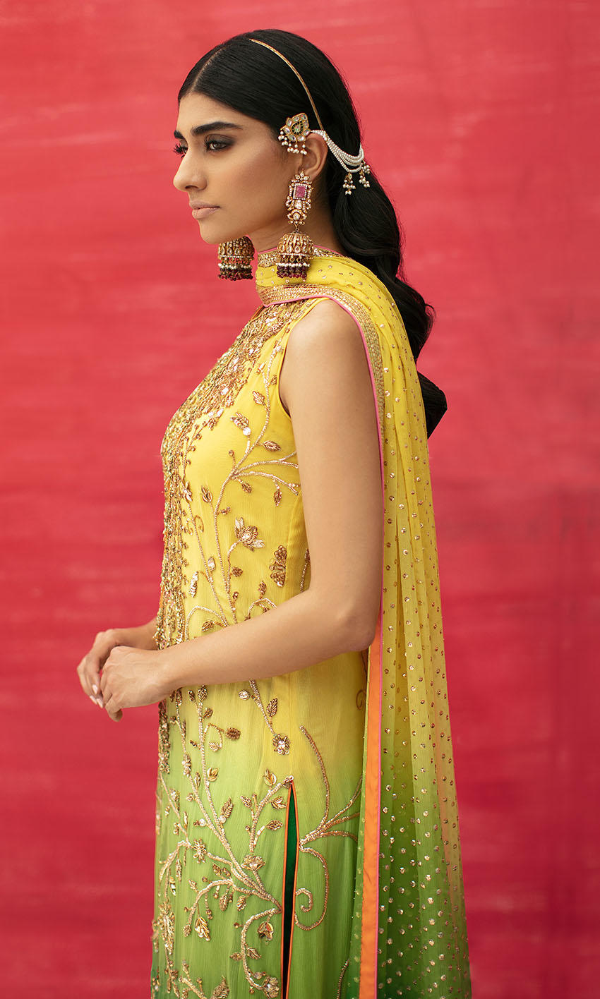 Yellow Long Kameez and Capri Pakistani Mehndi Dresses 2023