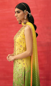 Yellow Long Kameez and Capri Pakistani Mehndi Dresses 2023