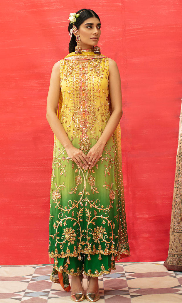 Yellow Long Kameez and Capri Pakistani Mehndi Dresses