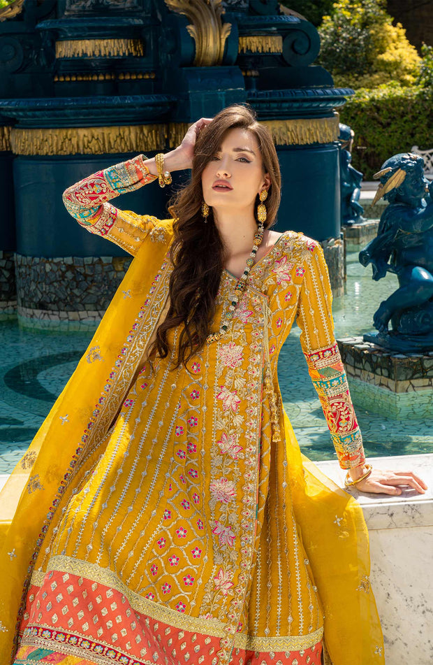 Yellow Mehndi Dress in Traditional Pishwas Frock Style – Nameera by Farooq