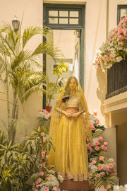 Yellow Pakistani Bridal Dress in Lehenga Choli Dupatta Style