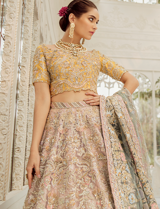 Designer Yellow Peach Lehenga Choli Indian Bridal Wear 2022