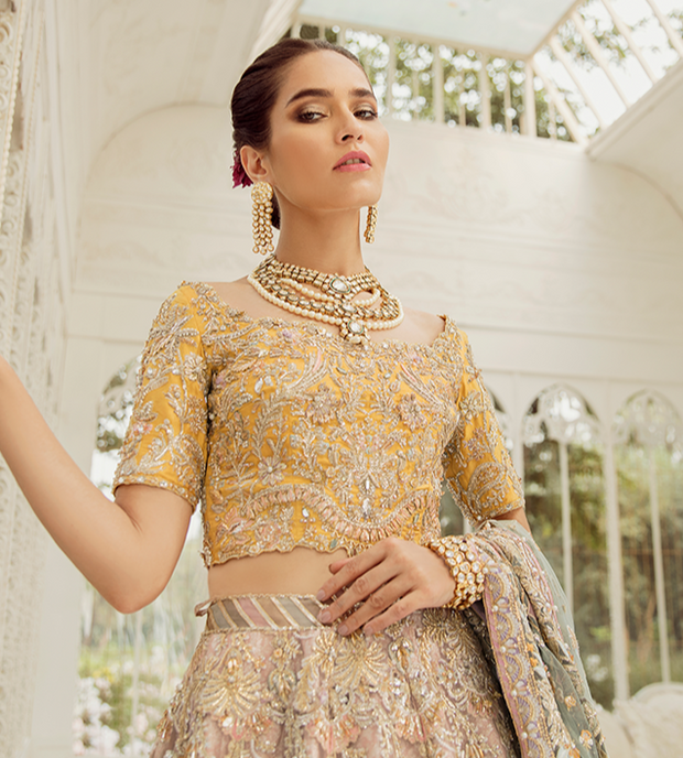 Designer Yellow Peach Lehenga Choli Indian Bridal Wear