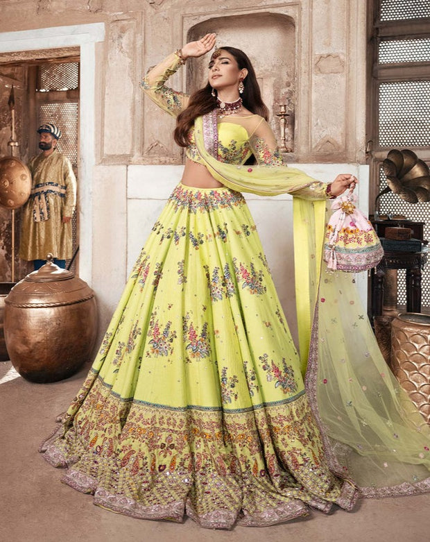 Yellow Silk Lehenga Choli for Pakistani Wedding Wear 2023
