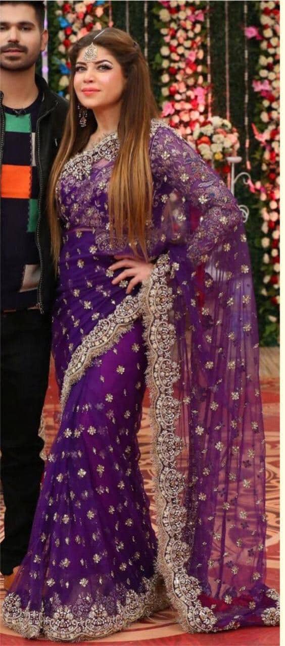 Purple Net Embroidered Saree With Blouse