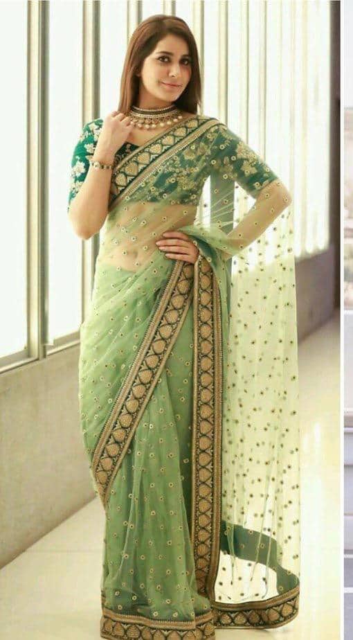 Fresh Indian Mint green Net embroidered saree