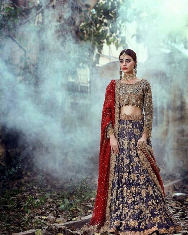 Indian Traditional Navy Blue and Deep Red heavy bridal lehnega