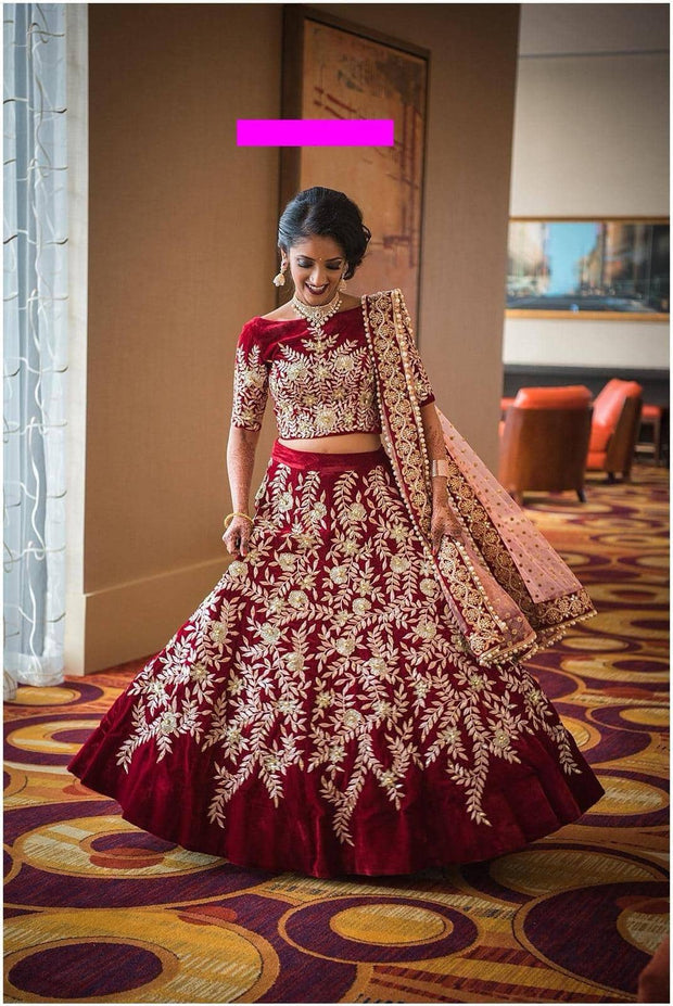 Stunning Bridal Velvet Maroon Lehenga Choli