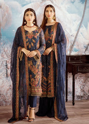 Beautiful Pakistani designer chiffon blue thread embroidered dress # P2325