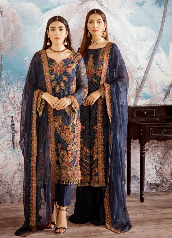 Beautiful Pakistani designer chiffon blue thread embroidered dress # P2325