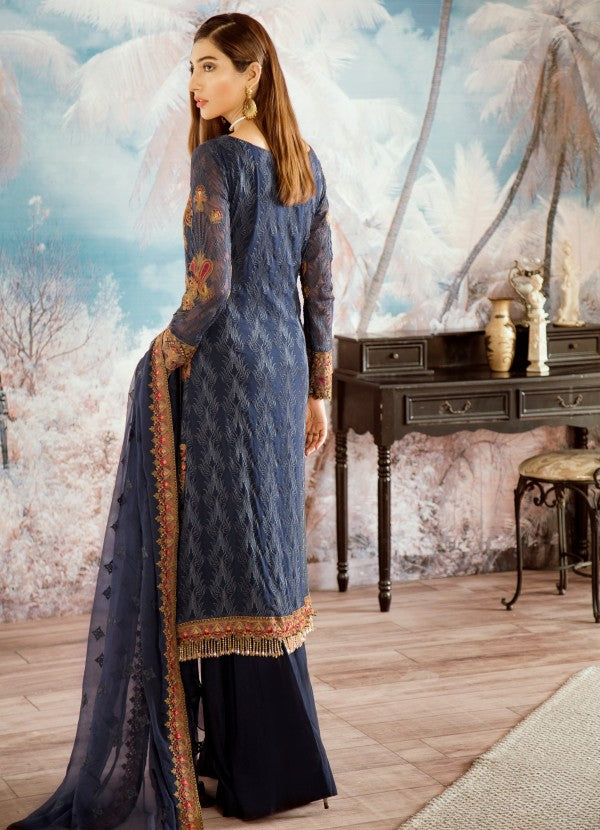 Beautiful Pakistani designer chiffon blue thread embroidered dress # P2325