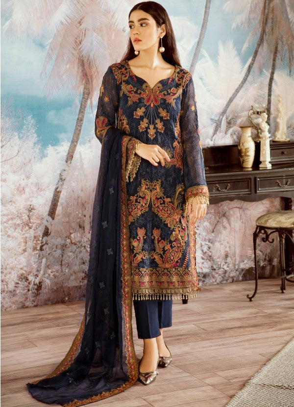 Beautiful Pakistani designer chiffon blue thread embroidered dress # P2325