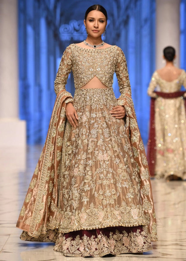 Beautiful bridal embroidered lehnga in gold and maroon color # B3366