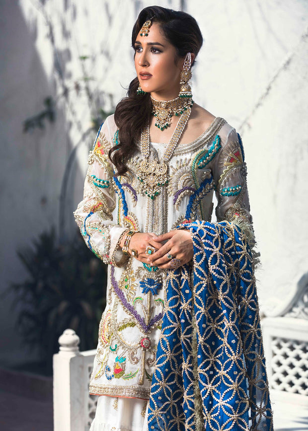 Latest embroidered bridal gharara dress for wedding wear in white color