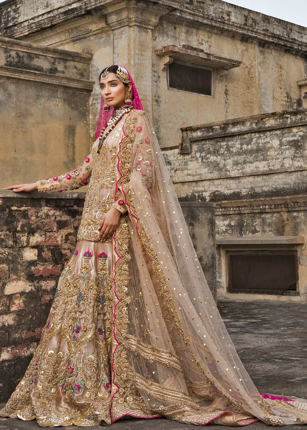 Latest bridal lehnga dress for wedding wear in pink gold color # B3398