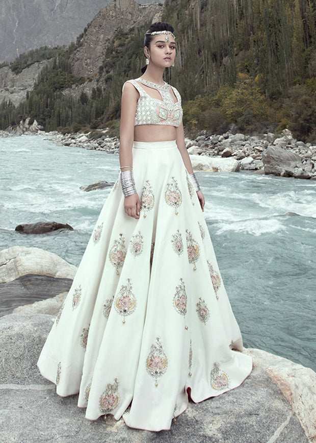Latest embellished bridal skirt dress in white color for wedding wear # B3406