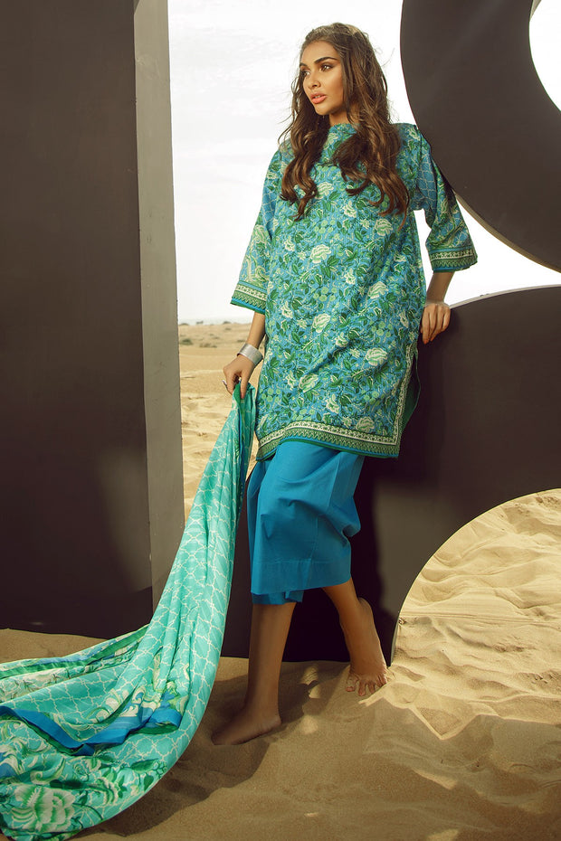 Latest Summer Pakistani casual printed lawn dress in blue color 