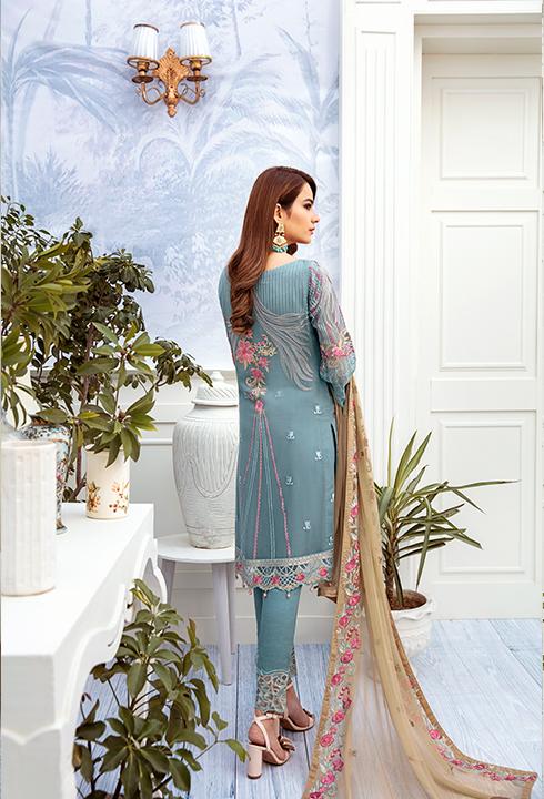 Latest embroidered chiffon dress 2020 in blue and skin color # P2516