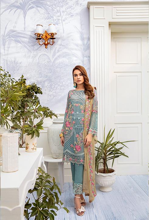 Latest embroidered chiffon dress 2020 in blue and skin color 