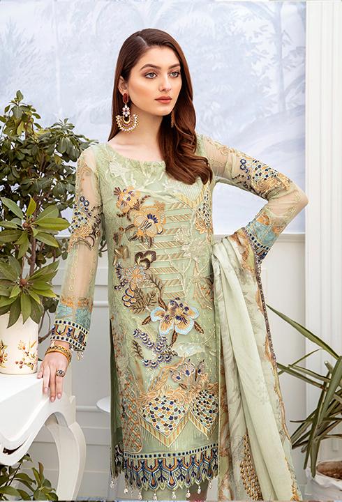 Latest embroidered chiffon dress 2020 online in pista green color # P2517