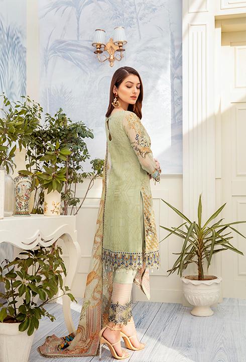 Latest embroidered chiffon dress 2020 online in pista green color # P2517