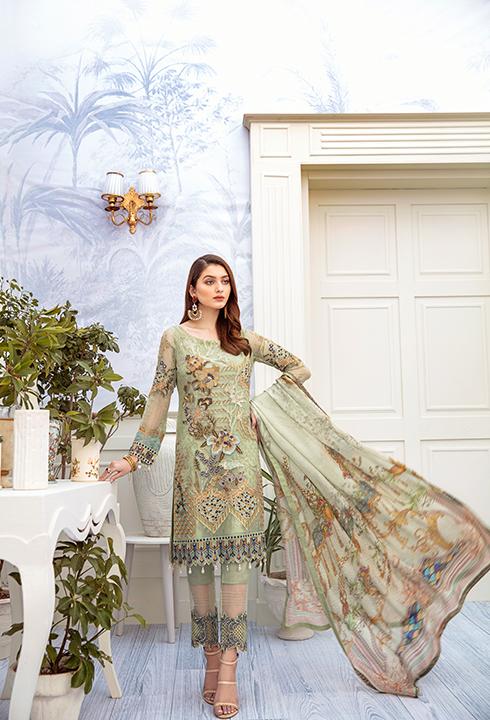 Latest embroidered chiffon dress 2020 online in pista green color