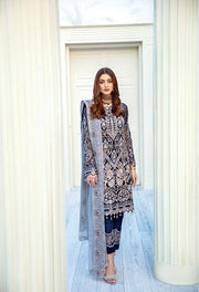 Latest embroidered Pakistani chiffon dress in dark blue color