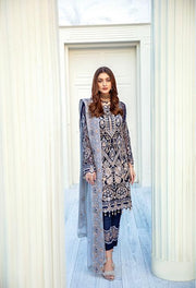 Latest embroidered Pakistani chiffon dress in dark blue color
