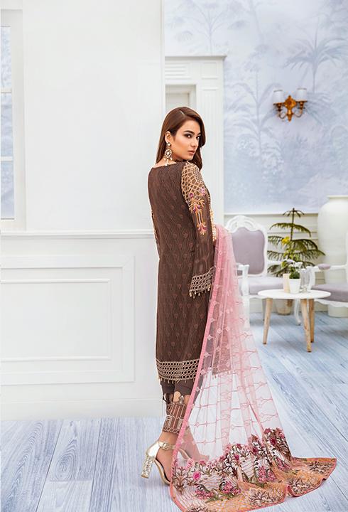 Latest embroidered chiffon dress online 2020 in brown and pink color # P2520