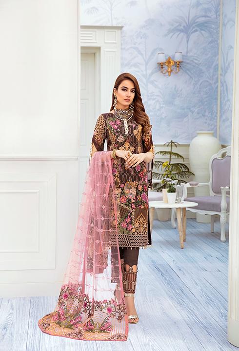 Latest embroidered chiffon dress online 2020 in brown and pink color